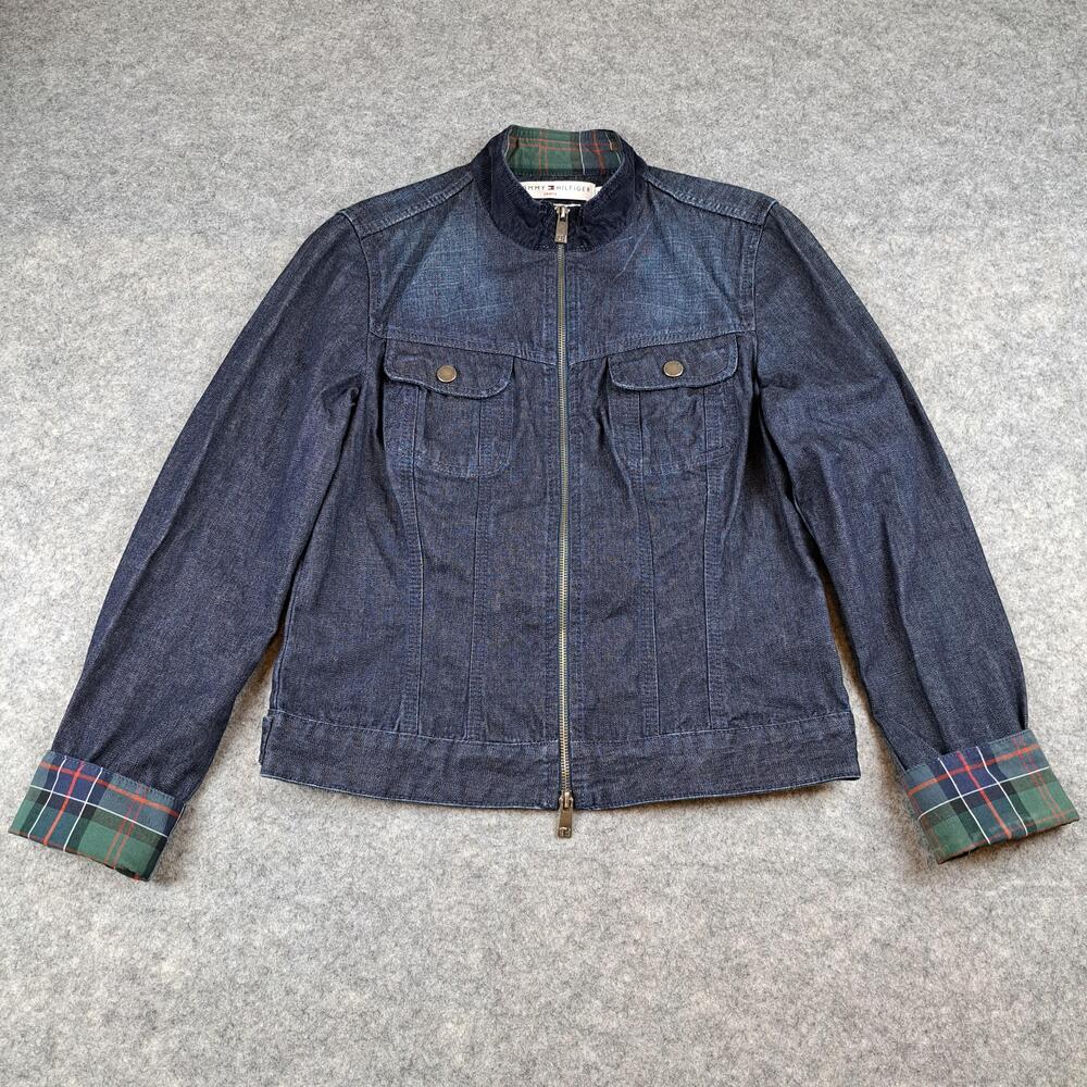 Tommy Hilfiger Jeans Jacket Womens Medium Denim Zip Front Plaid Lined Classic